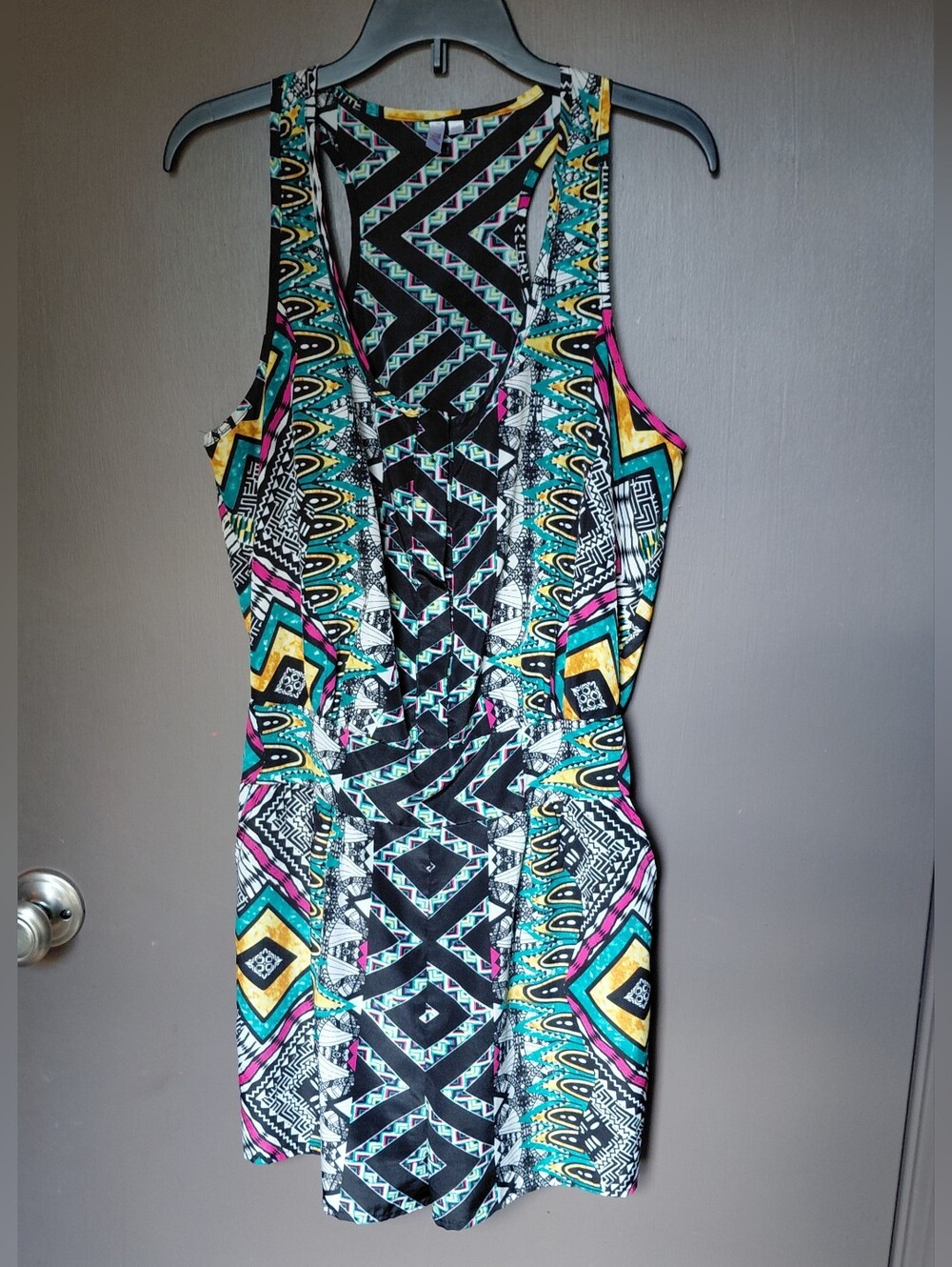 Dots Sleeveless Tribal-Print Romper in Black, Teal, Yellow & Pink